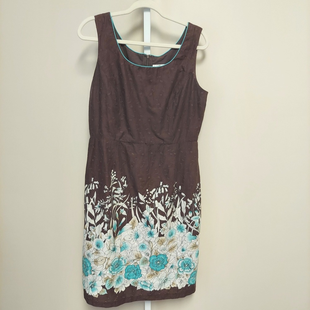 Studio‎ I Brown Floral Eyelet Sleeveless Cotton Dress 12 Garden Preppy